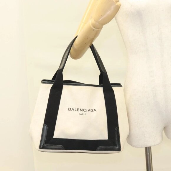 BALENCIAGA Navy Cabas S Hand Bag Canvas Black White 339933 Auth 129400 - Picture 3 of 16